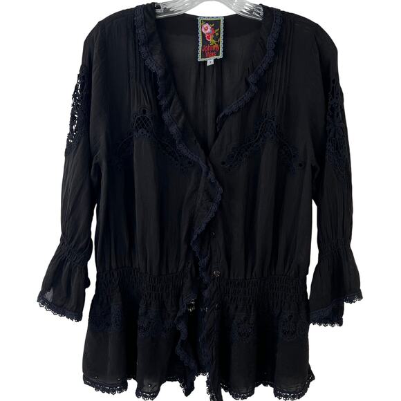 JohnnyWas Women's Sheer Blouse Black Lace Ruffle Neckline Button Down Size Small - Picture 1 of 16